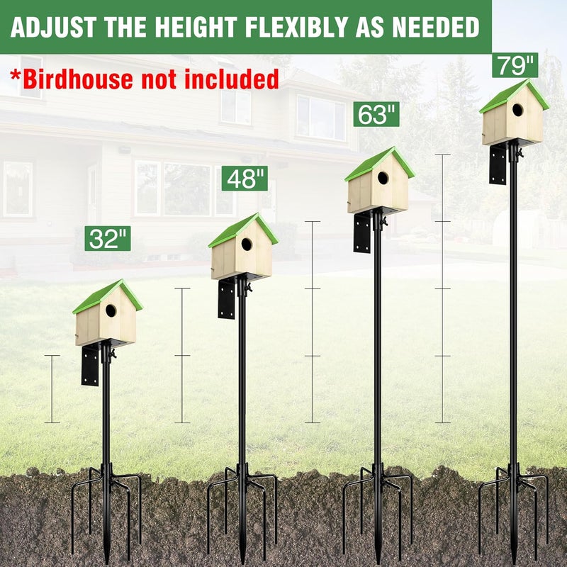 YINGYM Bird Feeder Pole, 79 Inch Heavy Duty Bird House Pole Mount Kit for Outdoors, Adjustable Metal Bird Feeding Stand, with 2-Hooks, 5-Prong Base for Hanging Feeders, Black - Image 2